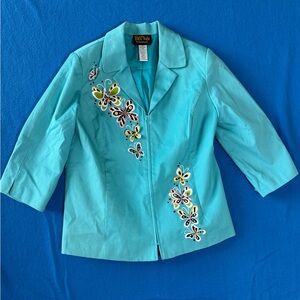 Bob Mackie Wearable Art Turquoise Butterfly Embroidered Jacket – Size M
